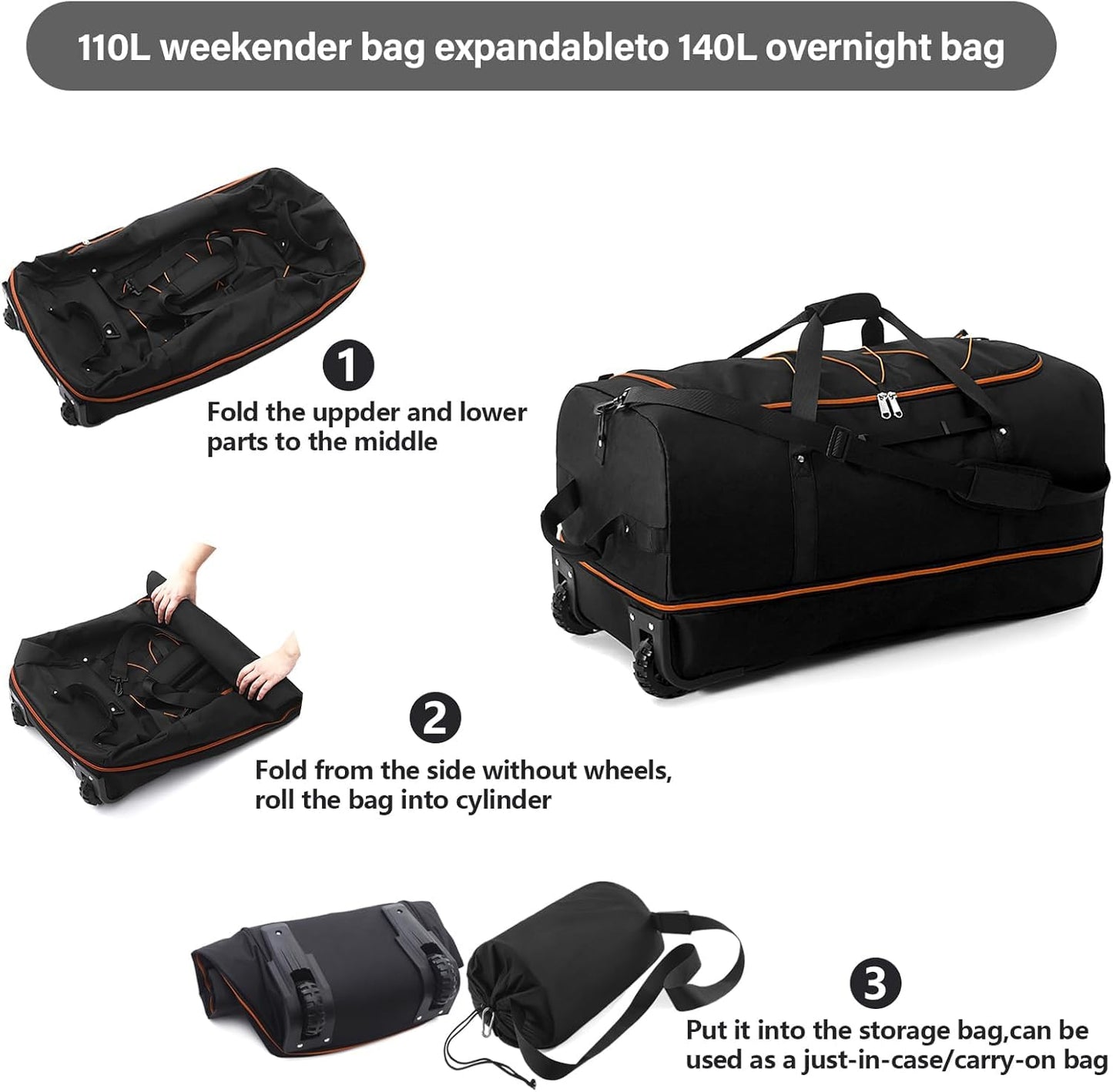 XWFB 110L/140L Expandable Rolling Duffel Bag – Black/Orange