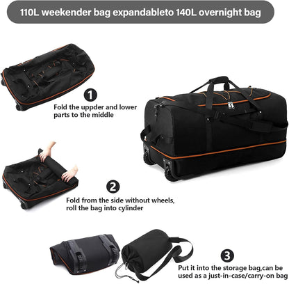 XWFB 110L/140L Expandable Rolling Duffel Bag – Black/Orange
