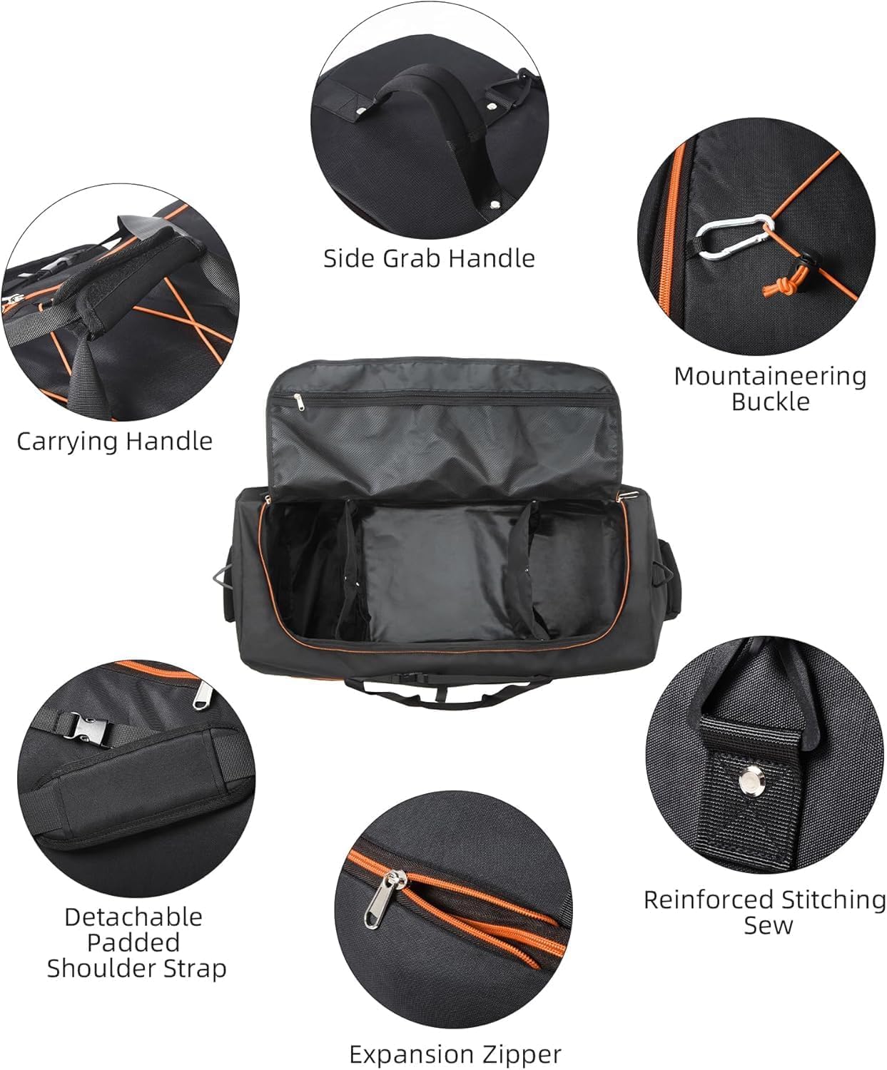 XWFB 110L/140L Expandable Rolling Duffel Bag – Black/Orange