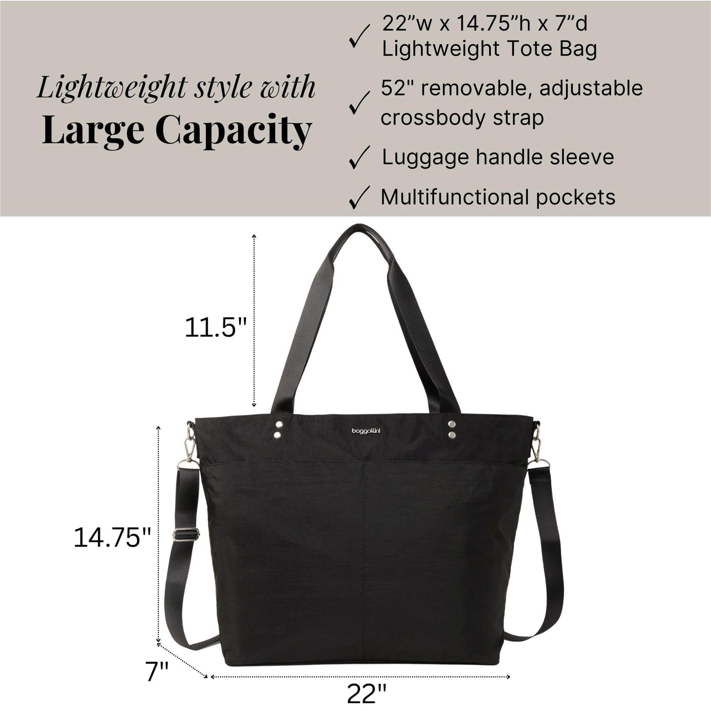 Baggallini Large Carryall Nylon Tote – Lightweight Travel Bag, Black