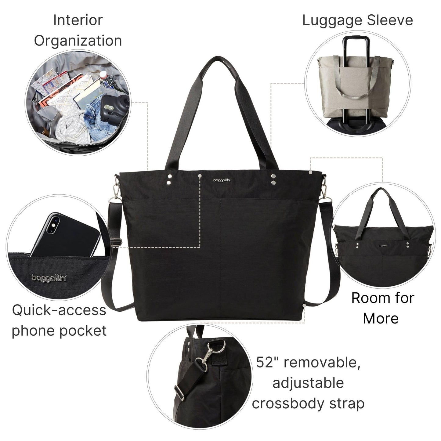 Baggallini Large Carryall Nylon Tote – Lightweight Travel Bag, Black