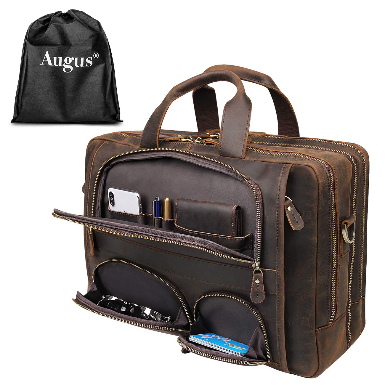 Augus Genuine Leather Briefcase Men | 15.6" Laptop Bag Coffee