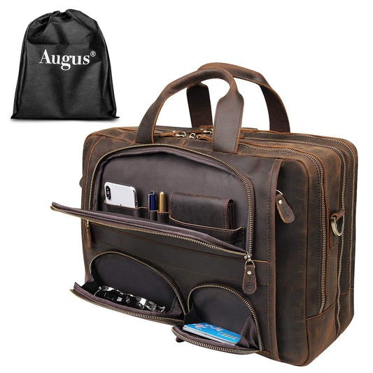 Augus Genuine Leather Briefcase Men | 15.6" Laptop Bag Coffee