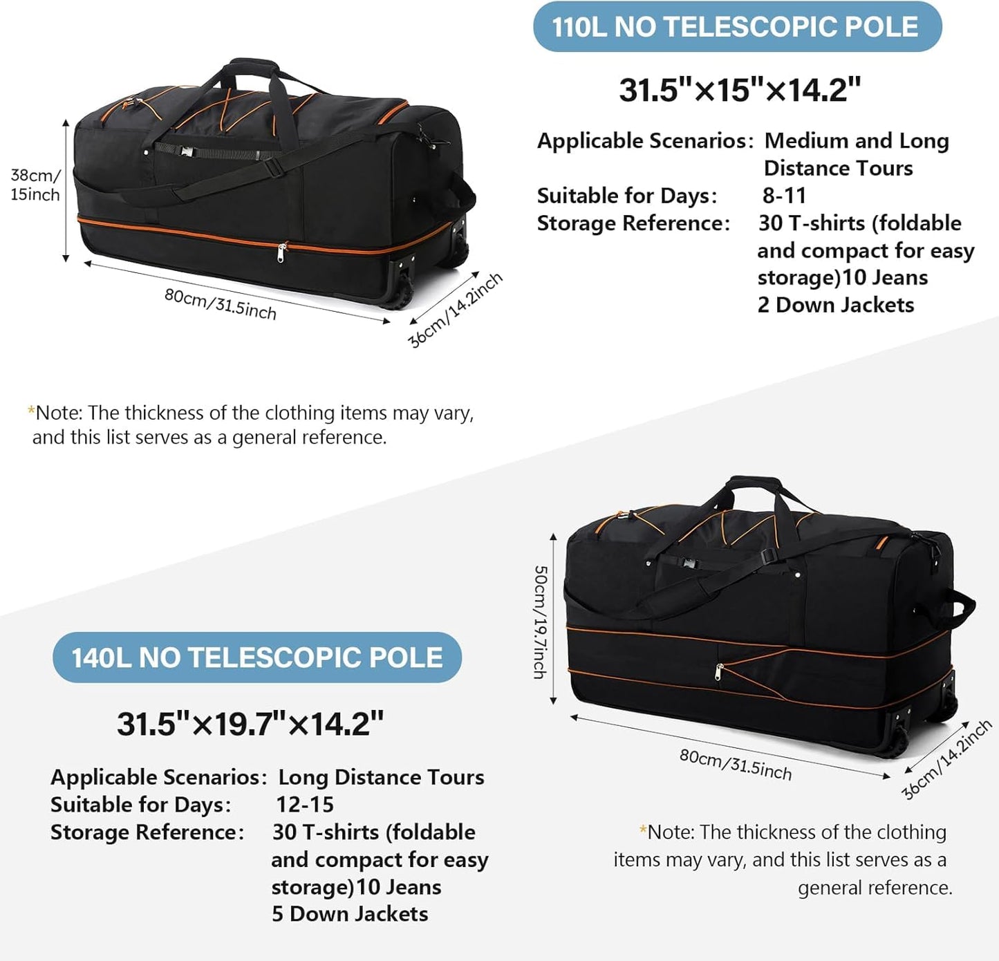 XWFB 110L/140L Expandable Rolling Duffel Bag – Black/Orange