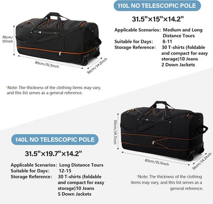 XWFB 110L/140L Expandable Rolling Duffel Bag – Black/Orange