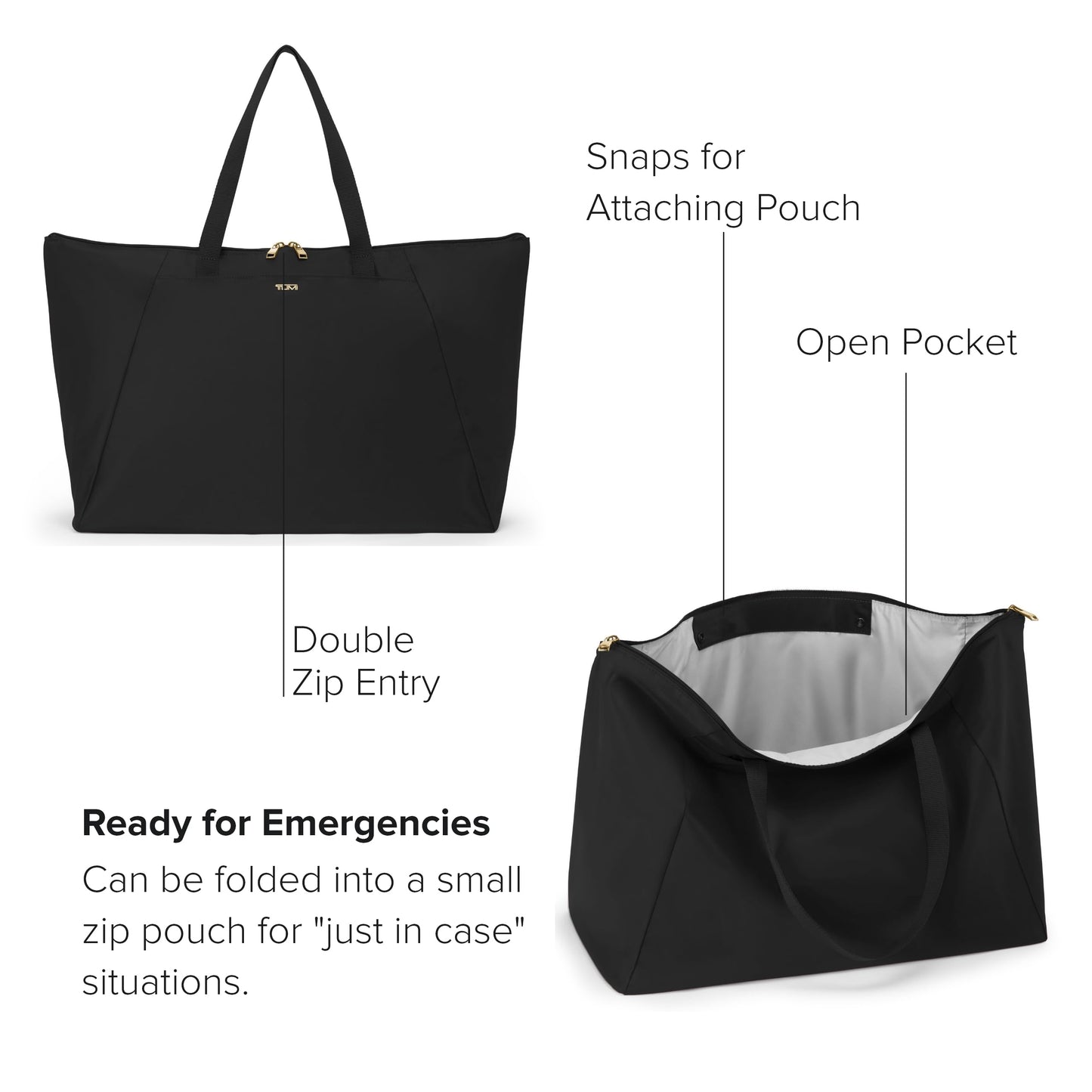 TUMI Just In Case Foldable Packable Travel Tote – Black/Gold