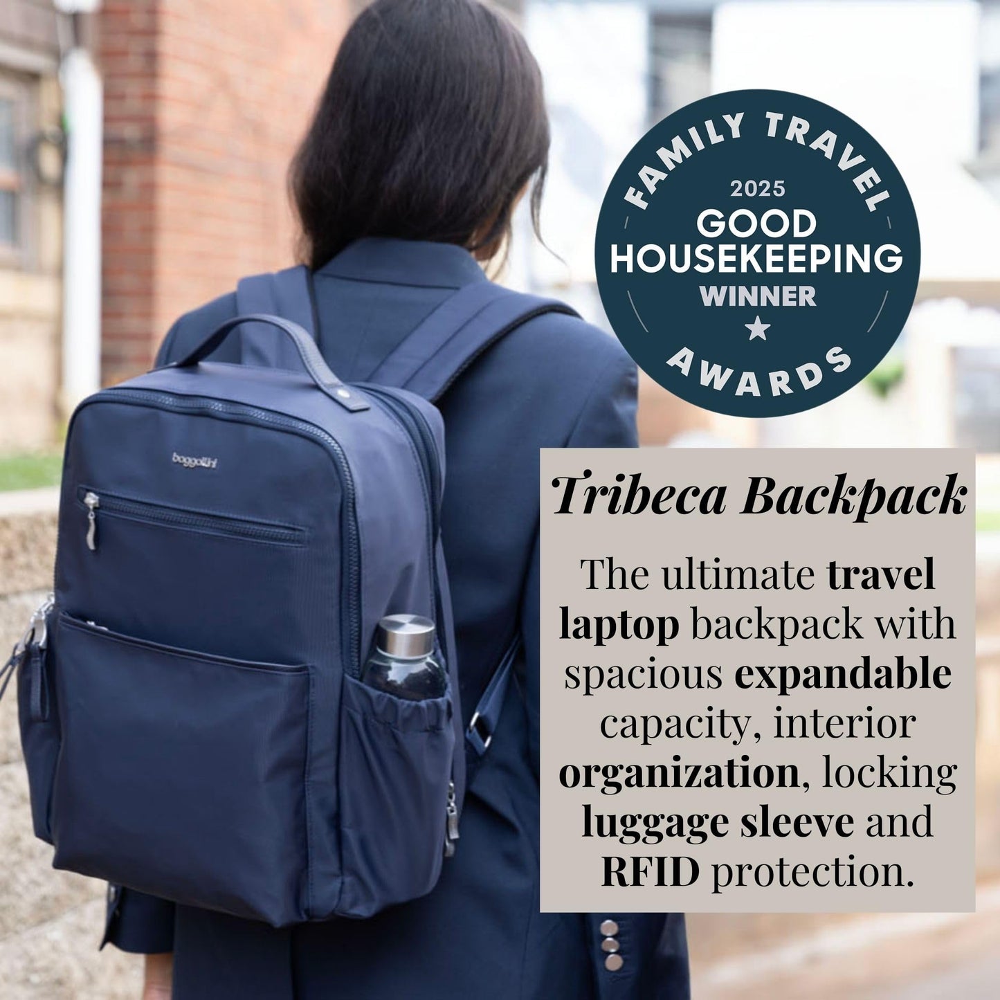 Baggallini Tribeca Expandable Laptop Backpack | RFID Travel Bag