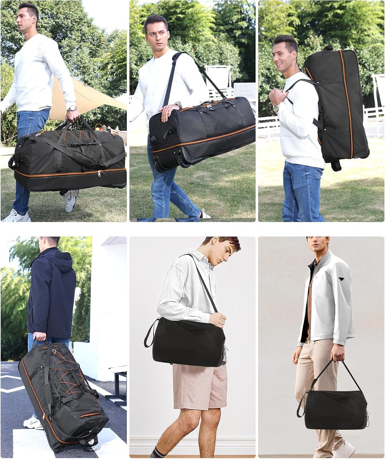 XWFB 110L/140L Expandable Rolling Duffel Bag – Black/Orange