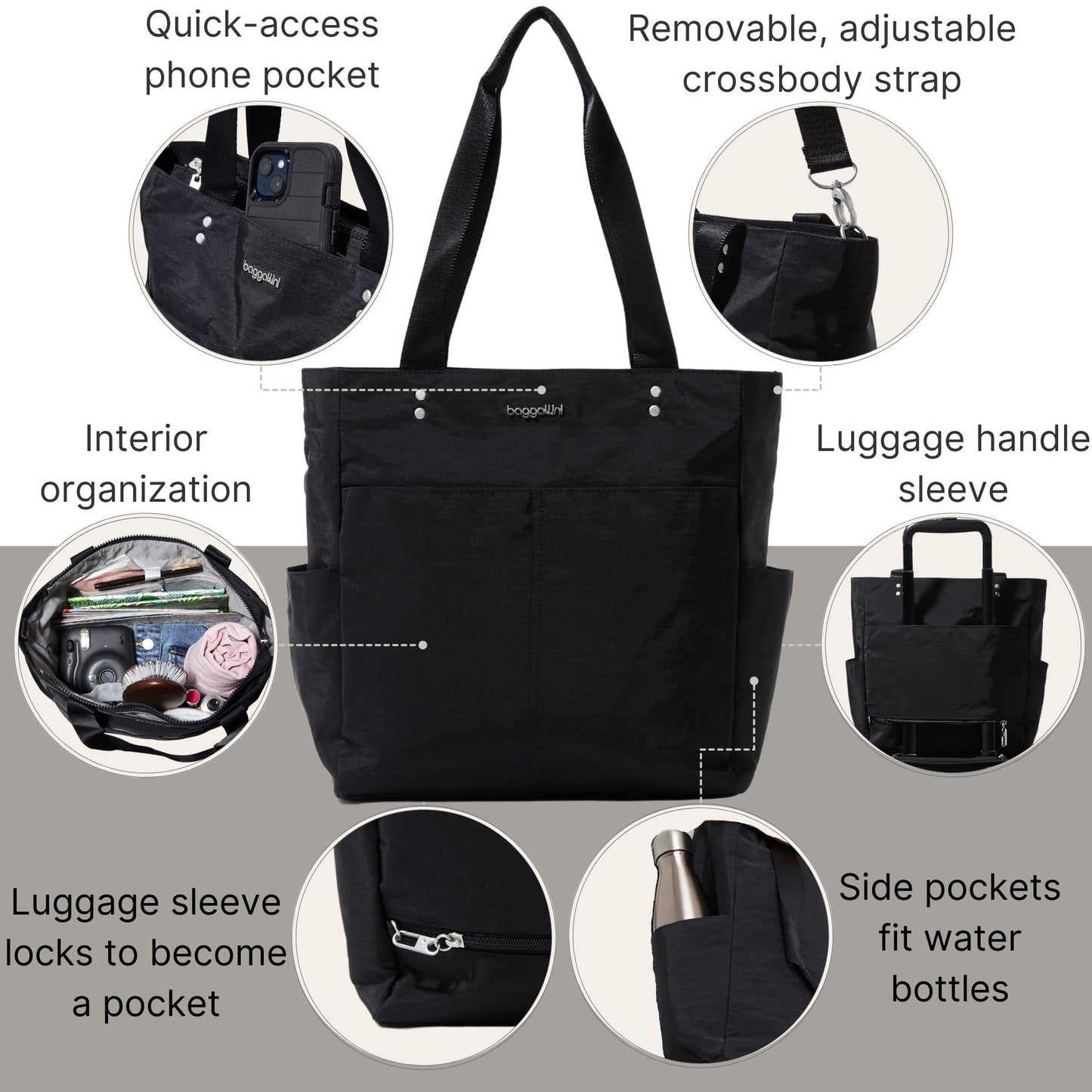 Baggallini Carryall Daily Tote | Lightweight Nylon Travel Bag