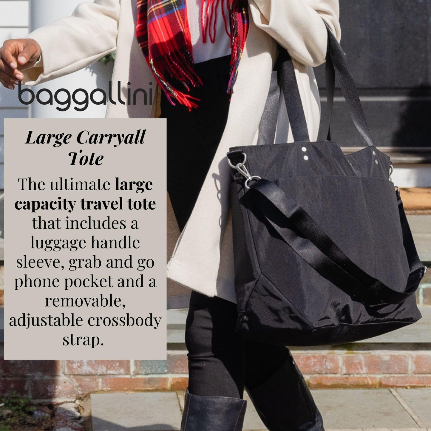 Baggallini Large Carryall Nylon Tote – Lightweight Travel Bag, Black